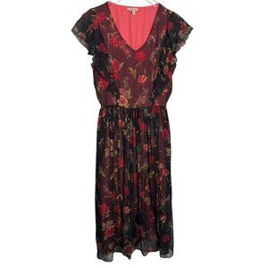 J. Peterman Womens Floral Midi Dress V-Neck Ruffle Sleeves Size 6 Red & Black